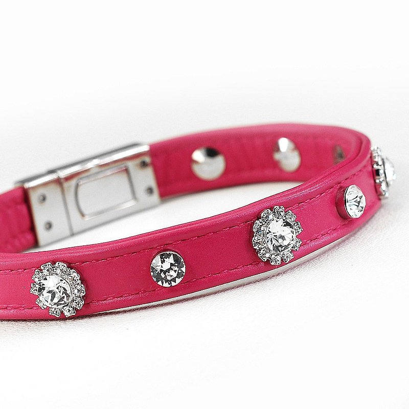 【Leather rope】Diamond flower leather leather collar ((send lettering)) - Collars & Leashes - Genuine Leather Pink