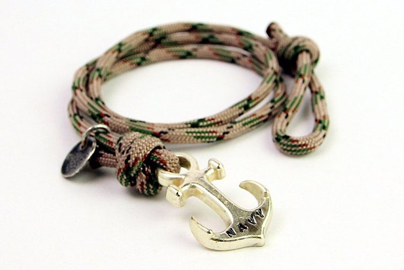 [METALIZE] Anchor with rope bracel three-ring umbrella rope bracelet-sea anchor-green camouflage (ancient silver) - Bracelets - Other Metals 