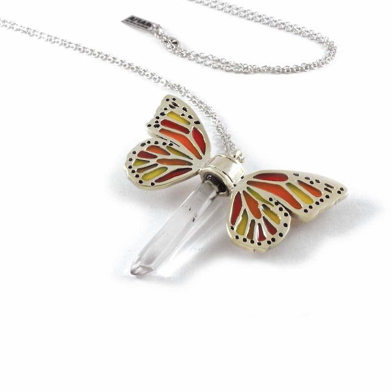 White bronze Butterfly wing pendant with clear raw quartz stone and enamel color - Necklaces - Other Metals 