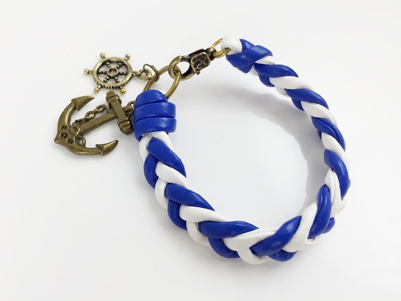 [Rudder x star x blue braid] - Bracelets - Genuine Leather Blue