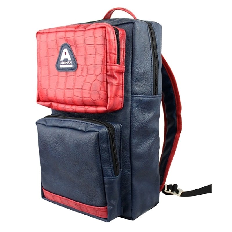 AMINAH-Japanese vintage-dark blue long backpack [am-0257] - กระเป๋าเป้สะพายหลัง - หนังเทียม สีน้ำเงิน