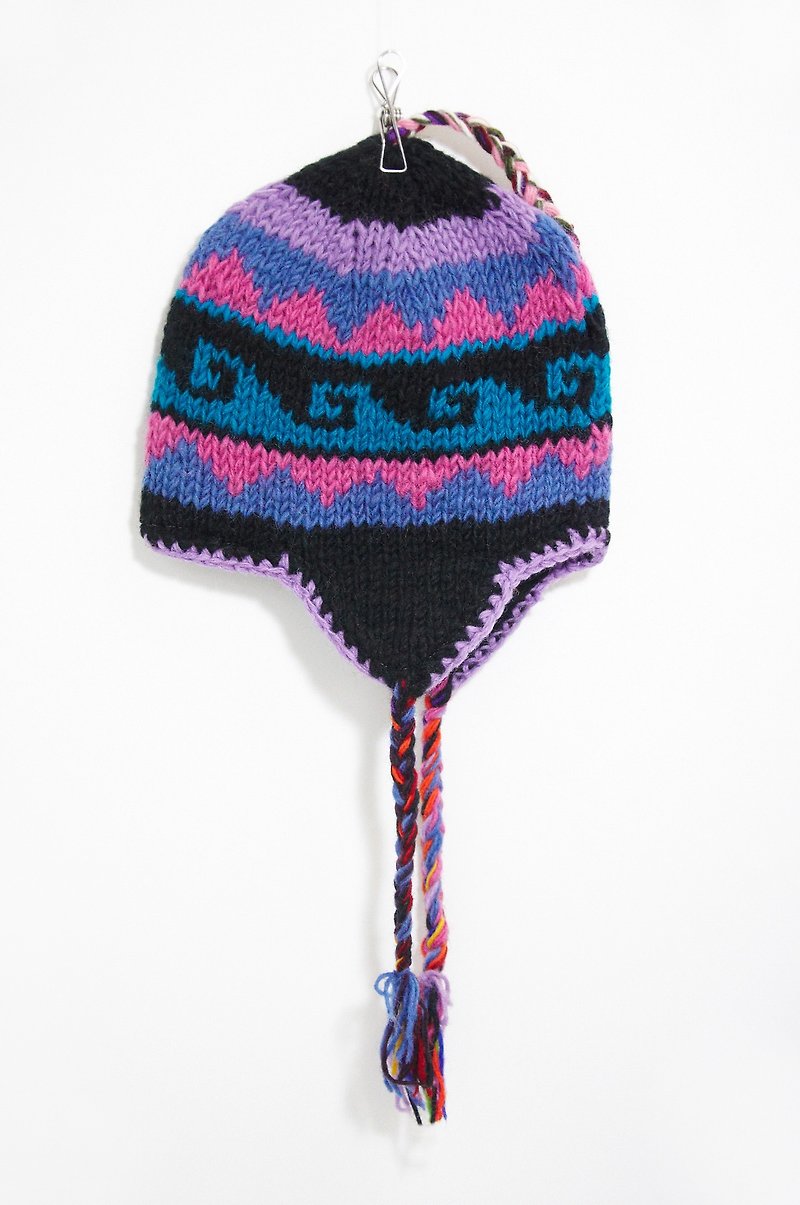 情人節禮物手工編織純羊毛帽/飛行毛帽 / 毛線帽  - 桃紫色系圖騰 ( 僅一件 ) - 帽子 - 其他材質 多色