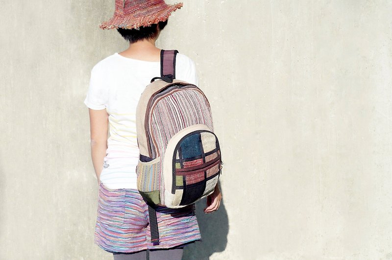 After Valentine's Day gift handmade cotton stitching design backpack / shoulder bag / mountaineering bags / travel bag - geometric color stitching nation travel wind (limited one) - Backpacks - Cotton & Hemp Multicolor