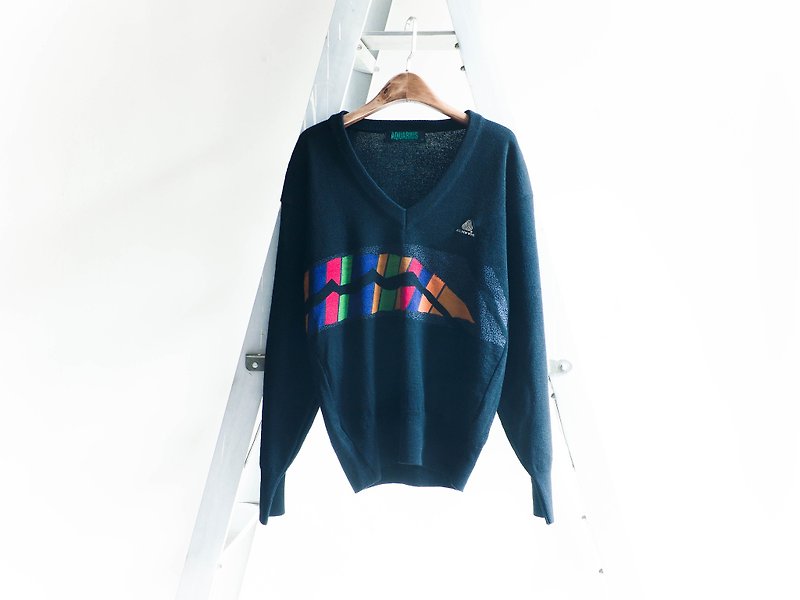 River Hill - Miyano half and squares Playground College V-neck T-shirt vintage antique woolly sweater vintage oversize - สเวตเตอร์ผู้หญิง - ขนแกะ สีดำ