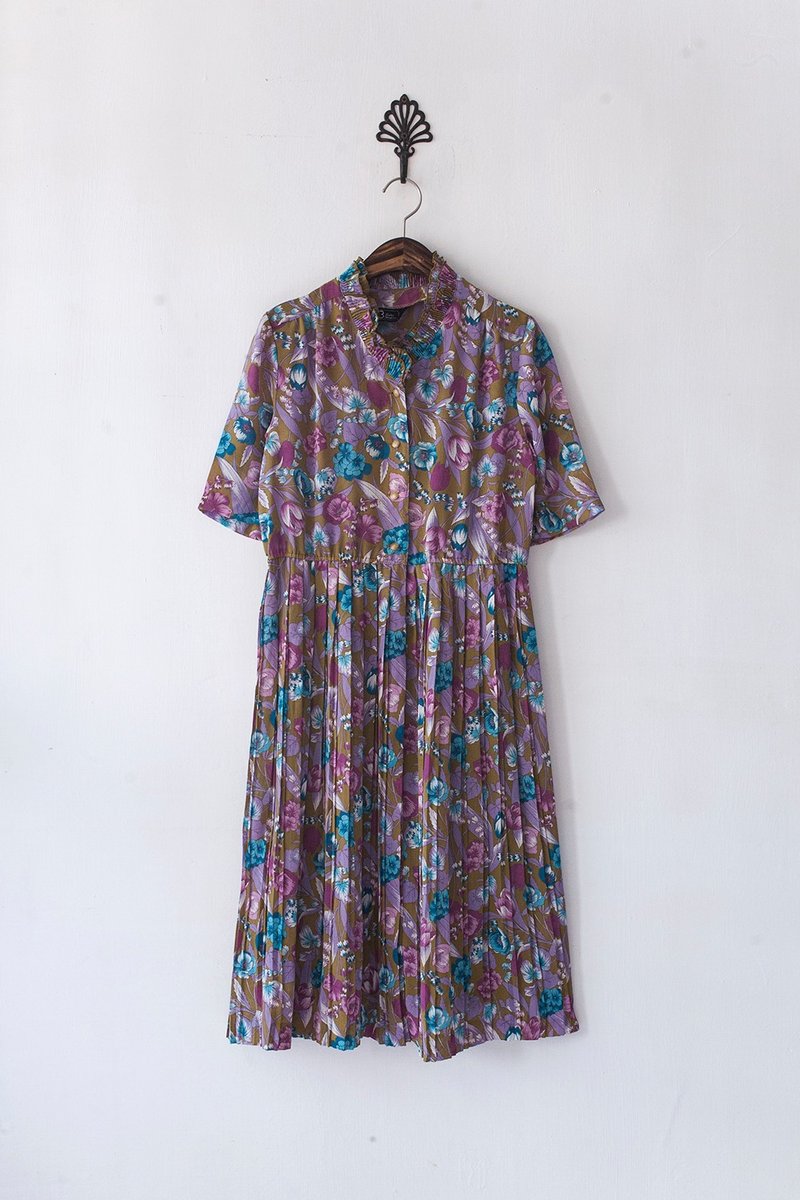 Banana Flyin '| Nippon vintage floral lotus leaf collar short-sleeved dress - กระโปรง - วัสดุอื่นๆ 