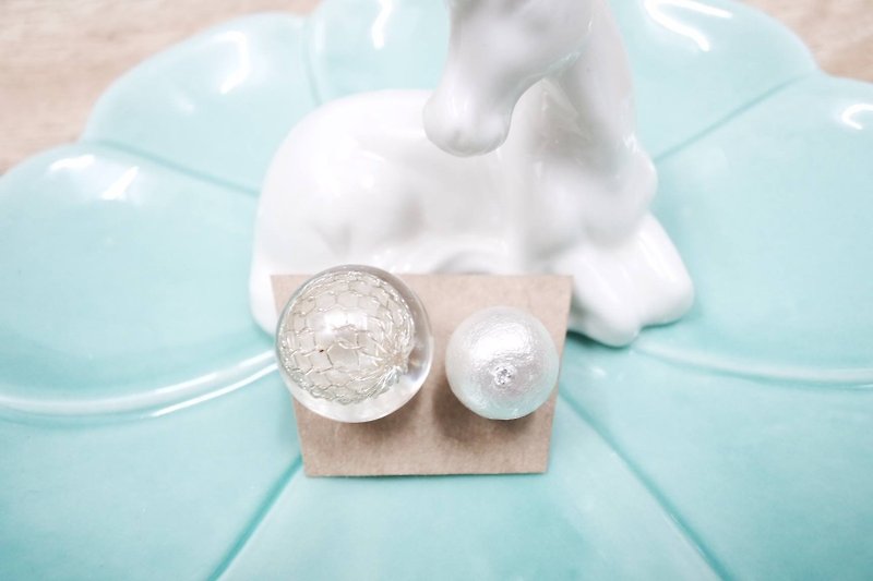 Cotton Pearl 棉棉珠 網珠 透明 水晶球 925純銀 耳環 - 耳環/耳夾 - 其他材質 白色