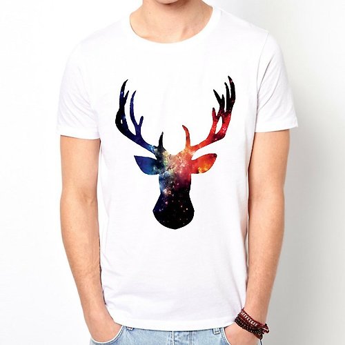 hipster Cosmic Stag 短袖T恤-白色 鹿動物宇宙平價時尚設計自創品牌銀河