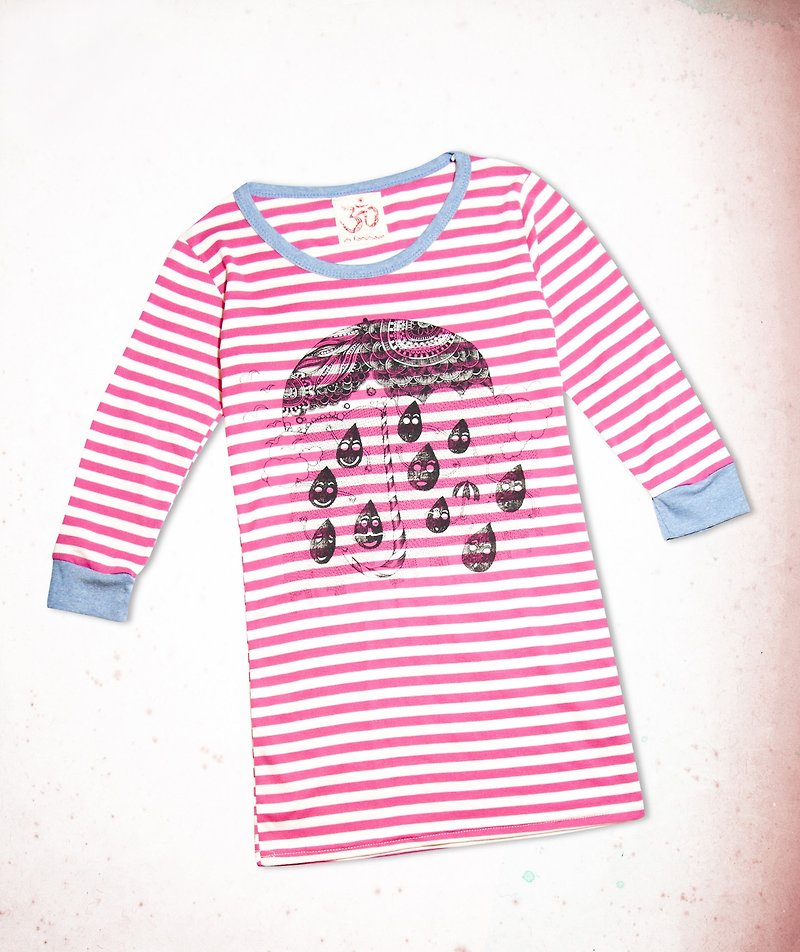 手感橫條紋格七分長版旅行T-雨季的慶典(陽光桃) - 女 T 恤 - 棉．麻 粉紅色