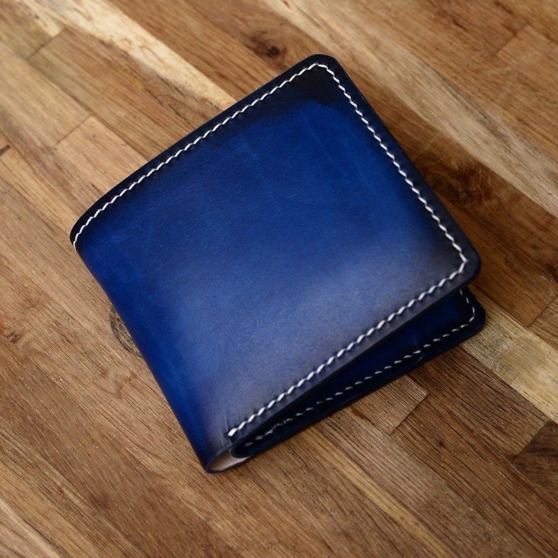Can hand-made two-fold horizontal Japanese hand-dyed handmade blue vegetable tanned leather short fortune minimalist cowhide wallet wallet - Wallets - Genuine Leather Blue