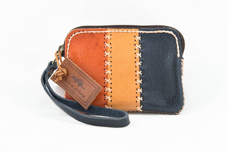 Triplet mini Bag made of vegetable tanned leather from Italy-Orange/Natural/Navy - Coin Purses - Genuine Leather Multicolor
