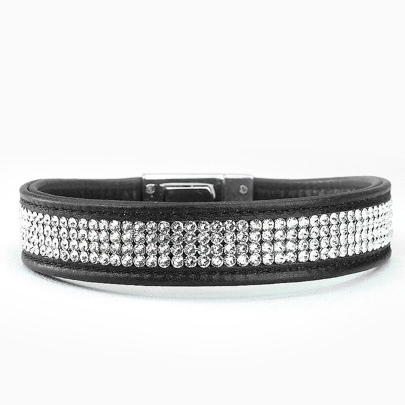 [Leather rope] S Swarovski four-row diamond leather leather collar ((send lettering)) - ปลอกคอ - หนังแท้ สีดำ