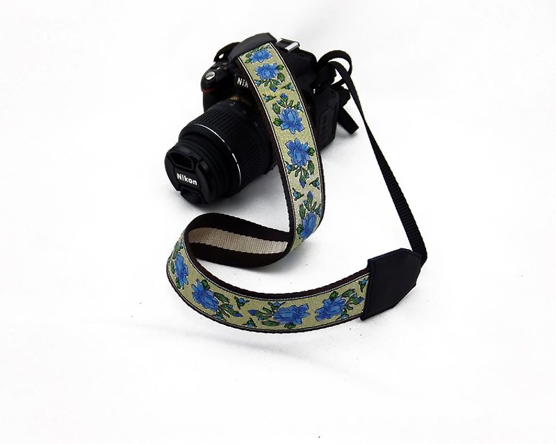 相機背帶 個性客製 可印字 真皮拼接 刺繡花紋  民族風007 - 相機帶/腳架 - 紙 藍色
