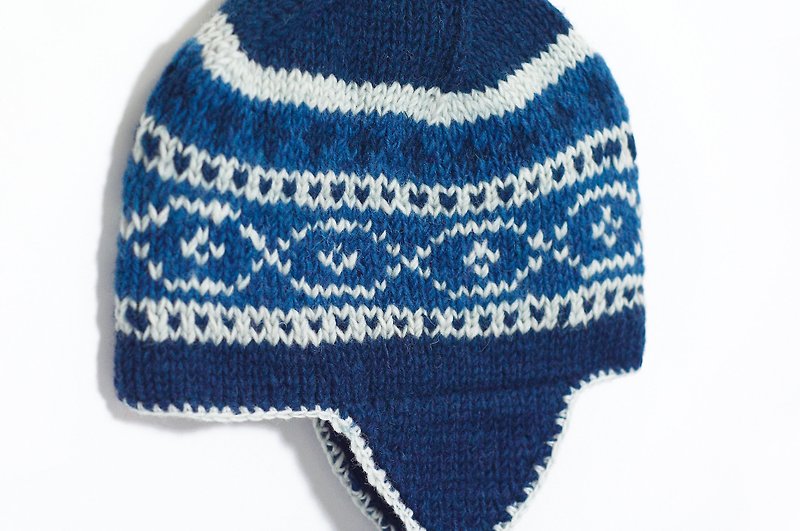 聖誕禮物 / 手工編織純羊毛帽/飛行毛帽 / 針織帽 - 藍色天空圖騰 ( 僅存一件 ) - 帽子 - 其他材質 藍色