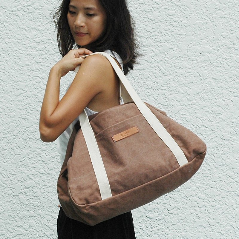 ananda light travel bag / Boston bag-brown washed thick canvas- - Messenger Bags & Sling Bags - Cotton & Hemp Brown