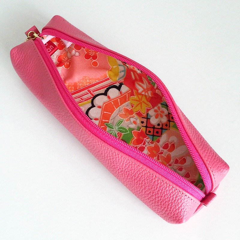 Leather pen case with Japanese Traditional pattern, Kimono - กล่องดินสอ/ถุงดินสอ - หนังแท้ สึชมพู