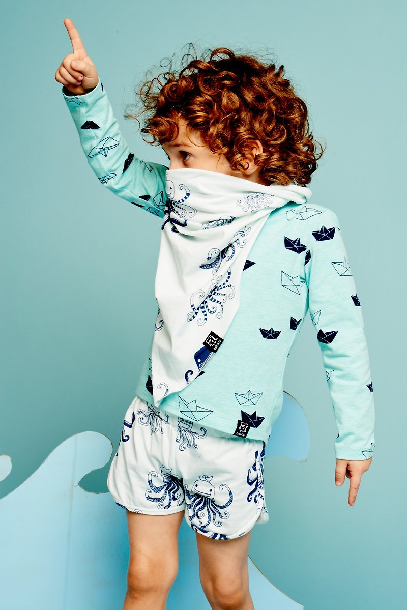 2015春夏 kukukid 白底滿版藍章魚造型領巾 - 口水肩/圍兜 - 其他材質 白色