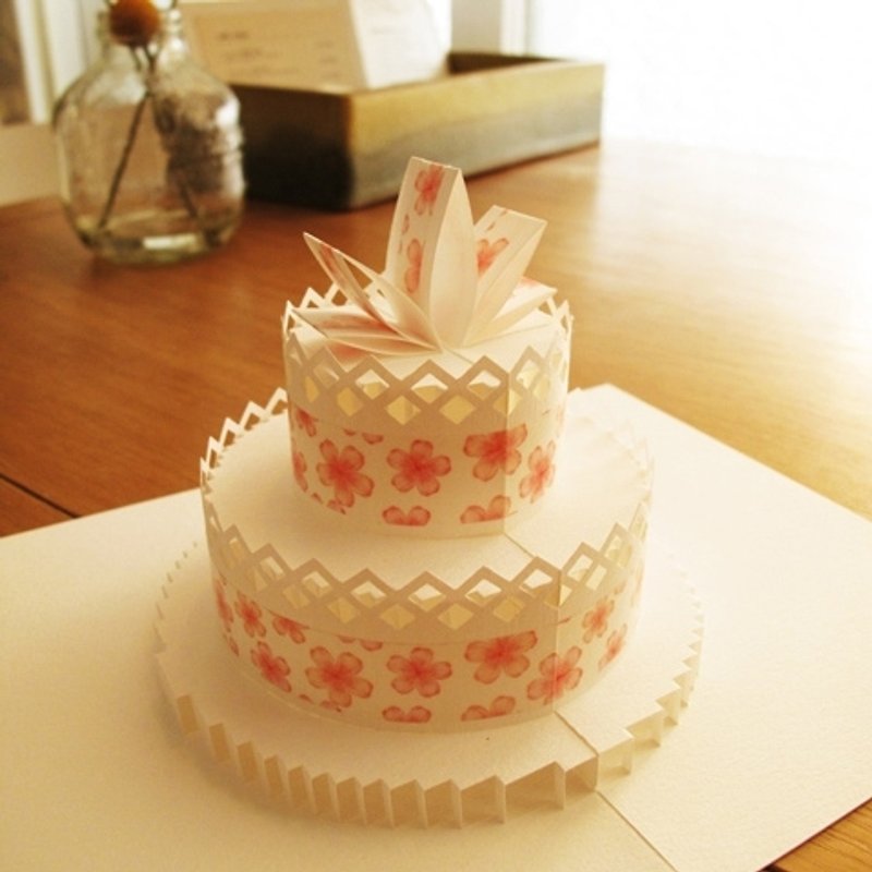 Three-dimensional paper sculpture cake card-cherry blossoms flying - Cards & Postcards - Paper Pink