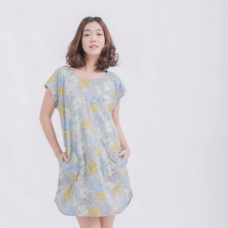 Grace cong flower print dress / gray - One Piece Dresses - Cotton & Hemp Gray