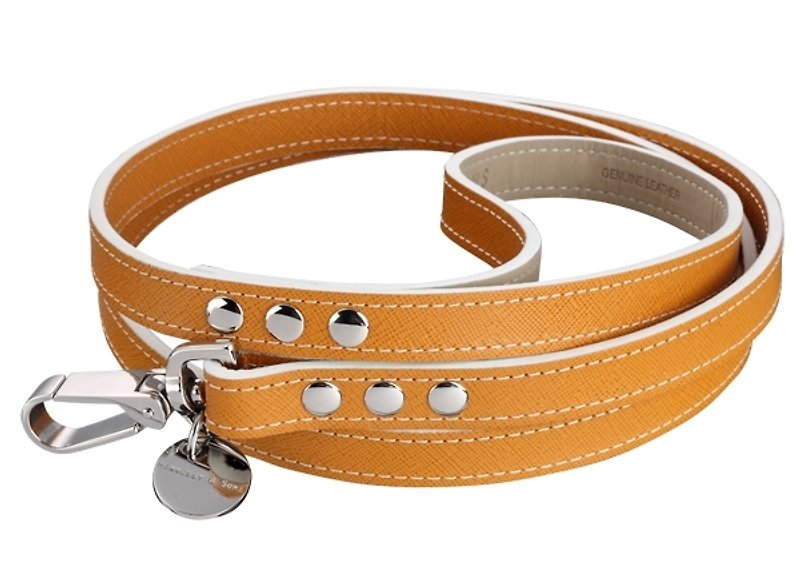 H&S Hennessy Father and Son-Saffiano Hermes Brown Oxford Leather Leash - ปลอกคอ - หนังแท้ สีส้ม