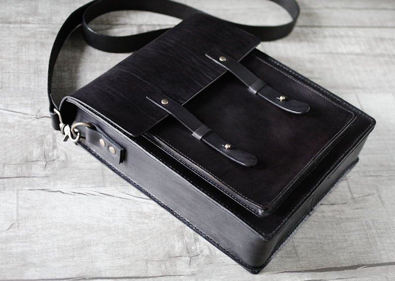 Black handmade  genuine leather satchel messenger bag - Messenger Bags & Sling Bags - Genuine Leather Black