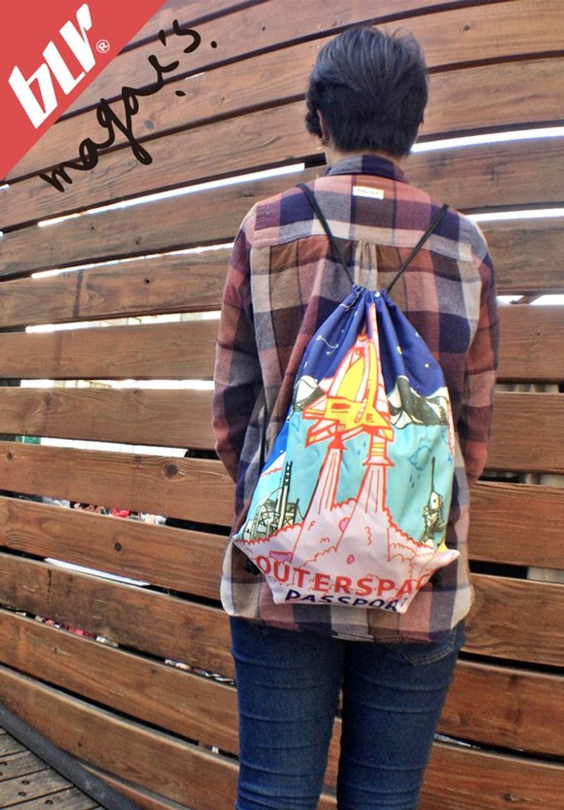 BLR ハンドメイドプリント巾着タイプリュック - Drawstring Bags - Other Materials Blue