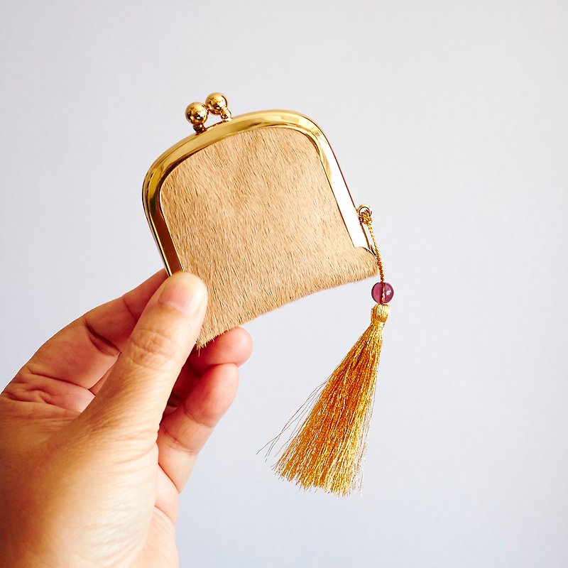 Handmade Apricot Horsehair leather coin bag or jewelry Box, ready to ship - Coin Purses - Genuine Leather Gold