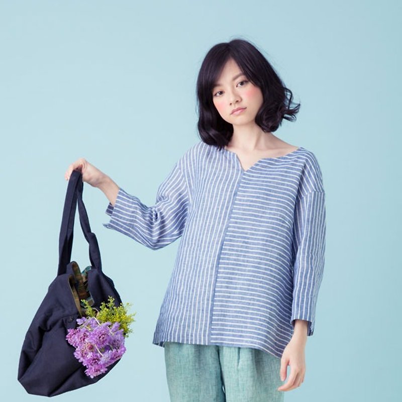 Xu Xu children ♪ breasted blue and white striped shirt back - Women's Tops - Other Materials Blue