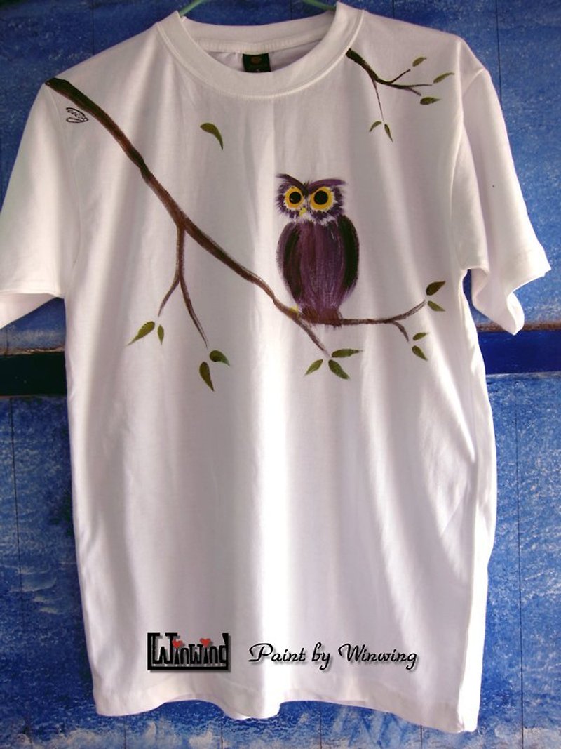 Mr. Owl-Winwing Hand-painted Clothes - เสื้อยืดผู้หญิง - ผ้าฝ้าย/ผ้าลินิน 