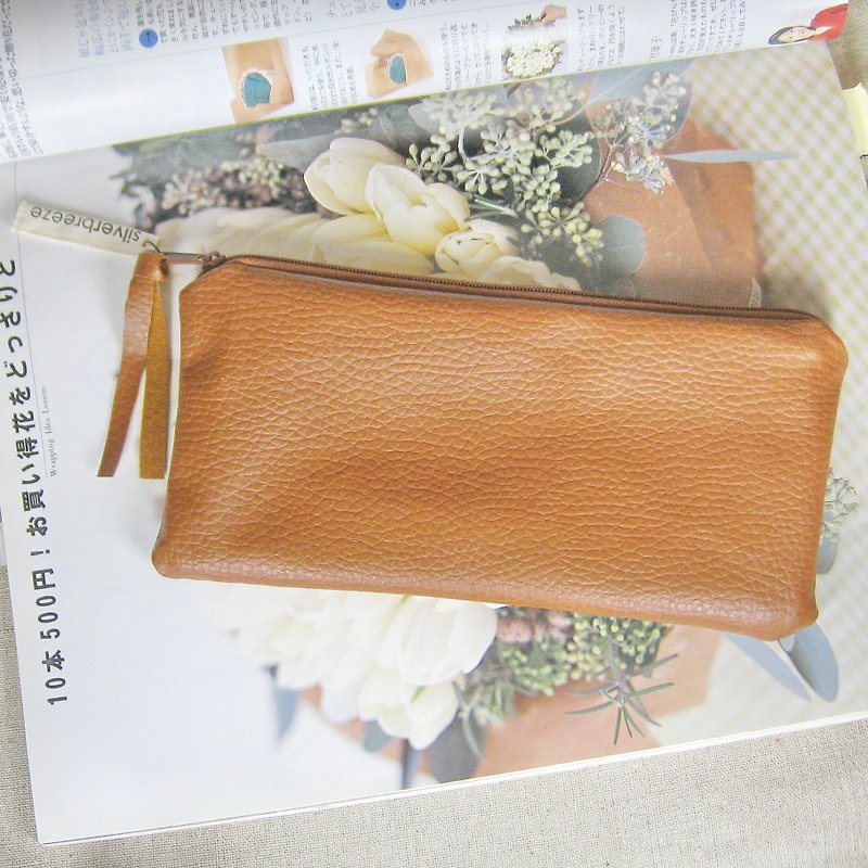 Silverbreeze zipper storage bag, phone bags, cosmetic bags, pencil case, leather, artificial plants - กล่องดินสอ/ถุงดินสอ - หนังแท้ 