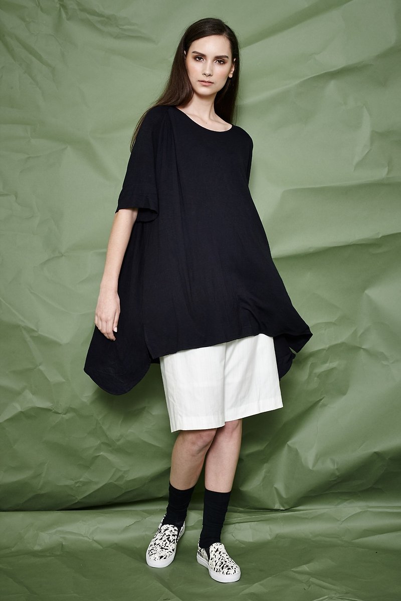 Black knit shirt loose grasp fold - Women's Tops - Cotton & Hemp Black