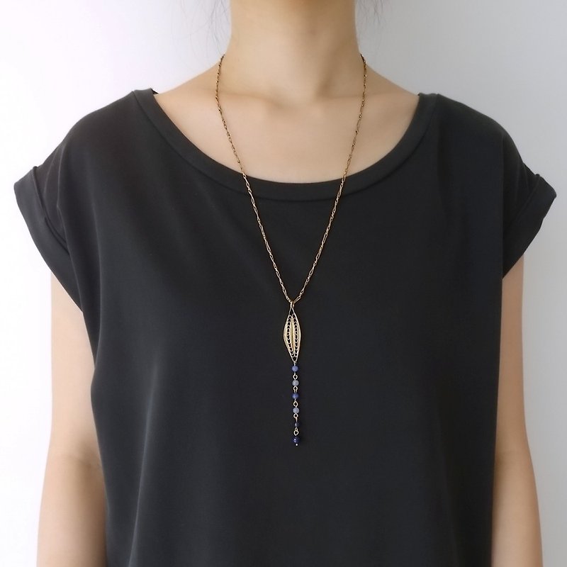 Eye-Shaped Brass Filigree with Sodalite Beaded Drop Copper Chain Y Necklace - Long Necklaces - Semi-Precious Stones Blue