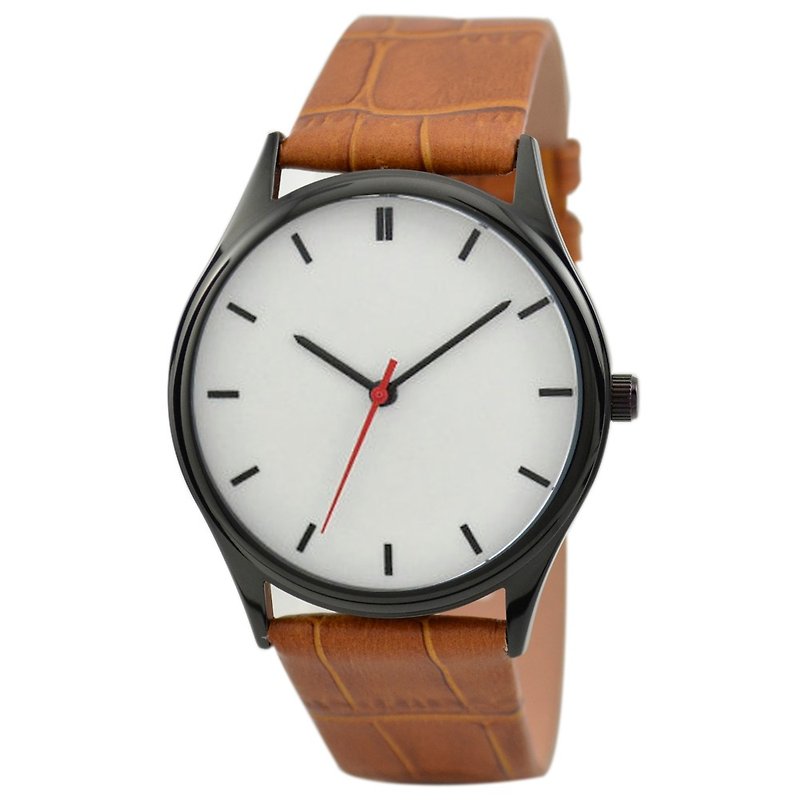 Simple watch (white face and black stripes/black case) light brown belt free shipping worldwide - นาฬิกาผู้ชาย - สแตนเลส สีดำ