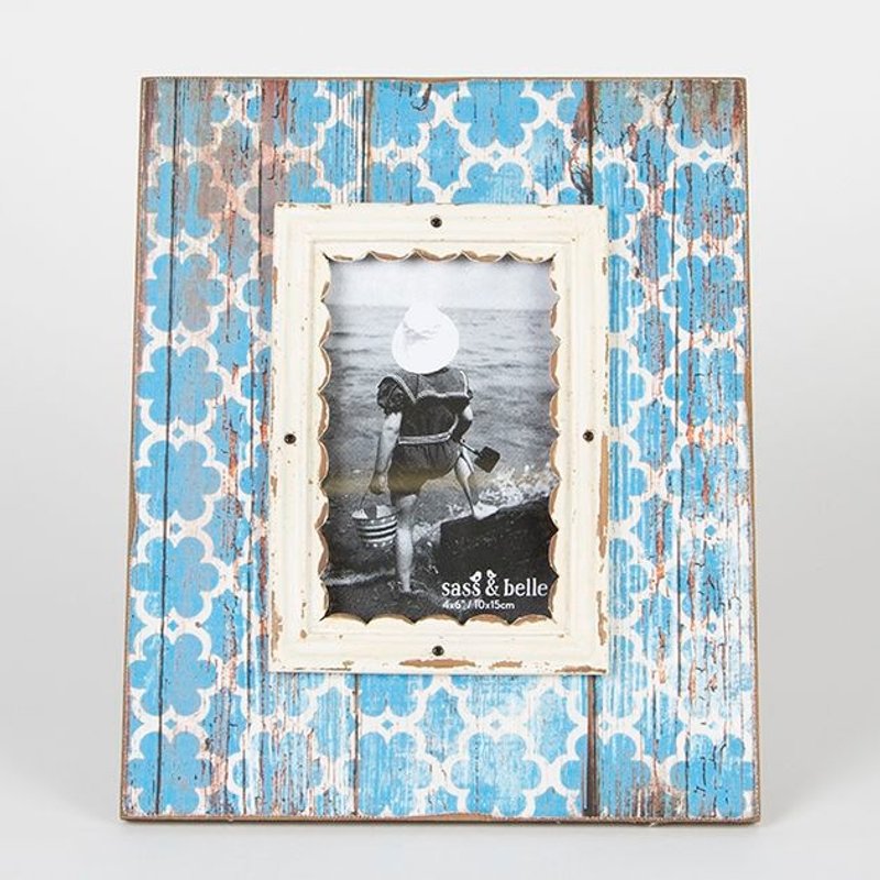 SUSS- Britain Morocco totem design retro table wood upright 4x6 photo frame (blue) _ for gifts / layout / wedding - Stock Free transport - อื่นๆ - ไม้ สีน้ำเงิน