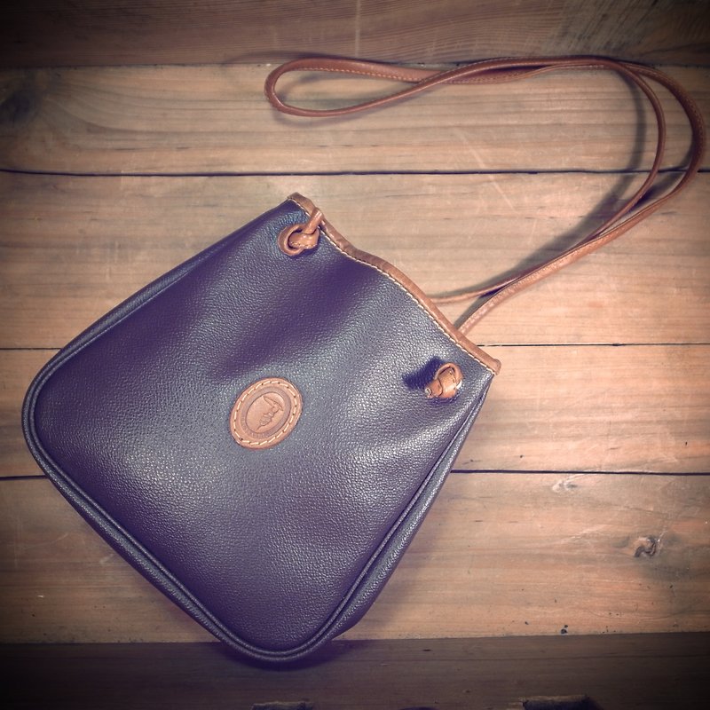 [ 老骨頭 ] 早期 TRUSSARDI 咖啡色 真皮x防水帆布 側背小方包 絕版真品 古董包 Vintage - Messenger Bags & Sling Bags - Genuine Leather Brown