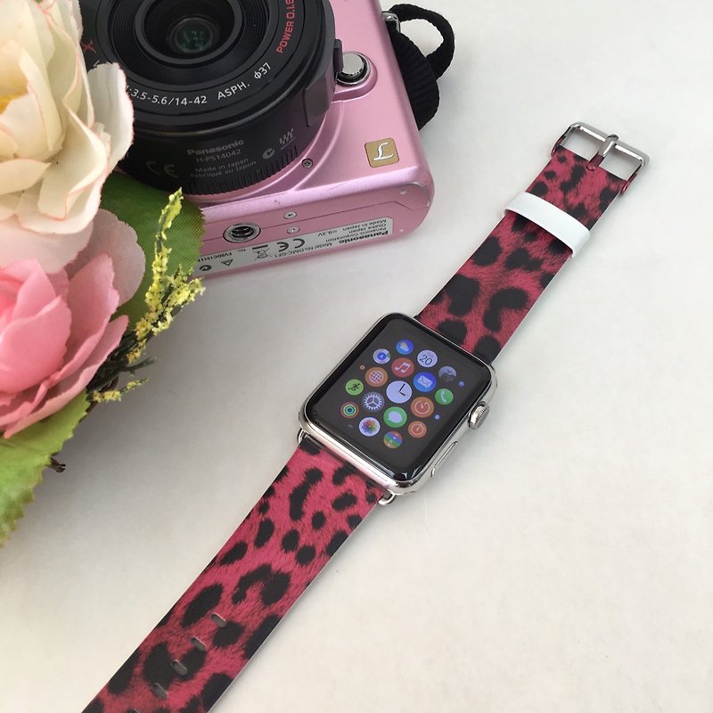 Apple Watch Series 1 , Series 2, Series 3 - Pink Leopard Pattern Watch Strap Band for Apple Watch / Apple Watch Sport - 38 mm / 42 mm avilable - Watchbands - Genuine Leather 