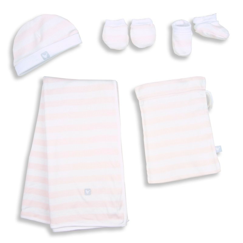 Martin House 打包外帶新生兒禮盒《鮭魚粉＋白條紋》 - 圍兜/口水巾 - 棉．麻 粉紅色