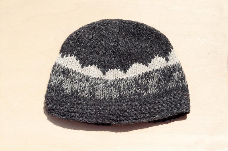 黒と白の灰シンプルなトーテム - 純粋なウールの帽子/ニットキャップ/で作られたクリスマスの手は、手織りキャップ/（ネパール製）ウールキャップ毛 - 帽子 - ウール グレー