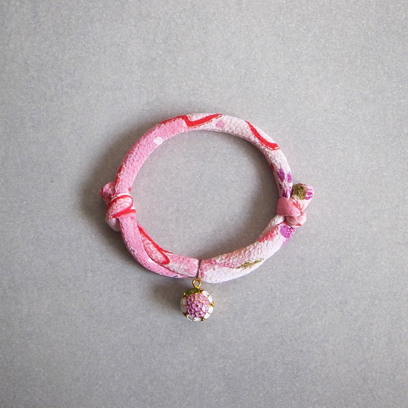 日本犬貓和布項圈(可調式)--四季粉+粉繡球圓鈴(可改安全扣) - 貓狗頸圈/牽繩 - 絲．絹 粉紅色