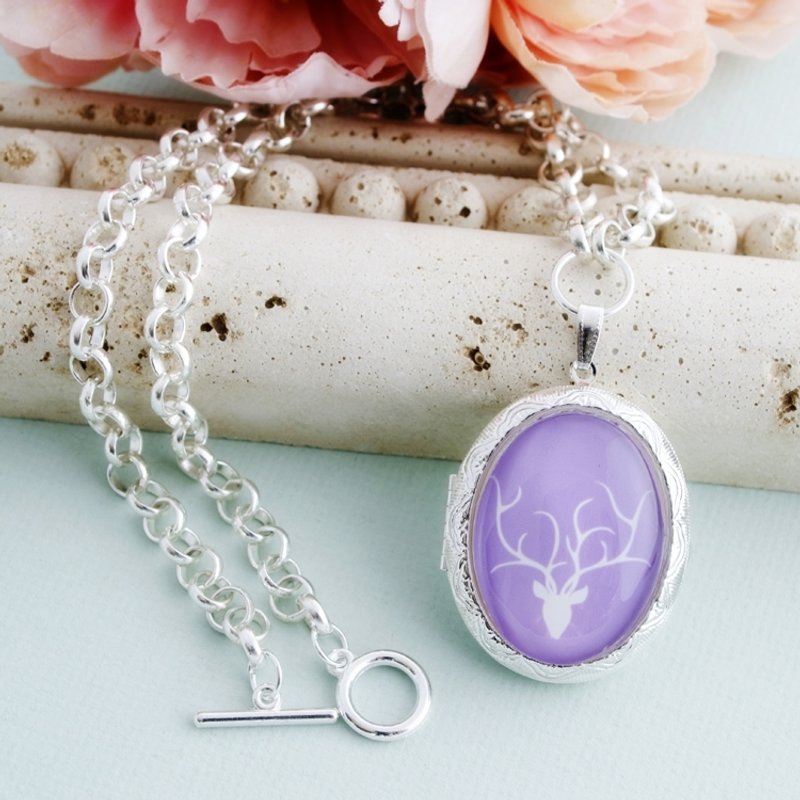 Lilac Deer Photo Locket Necklace, Strength-Peace Inspirational Locket Necklace - สร้อยคอ - โลหะ หลากหลายสี