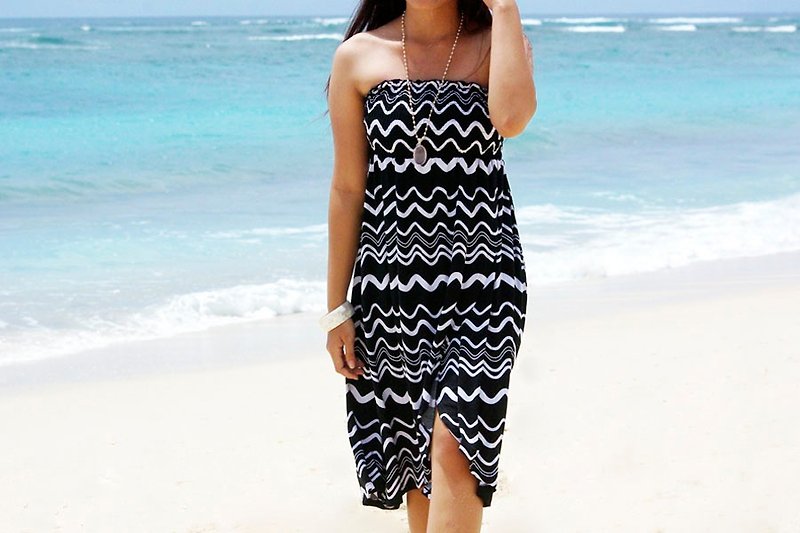 Bali departure! 2015 Resort Fashion New! Wave print tube top dress <Black> - One Piece Dresses - Other Materials Black