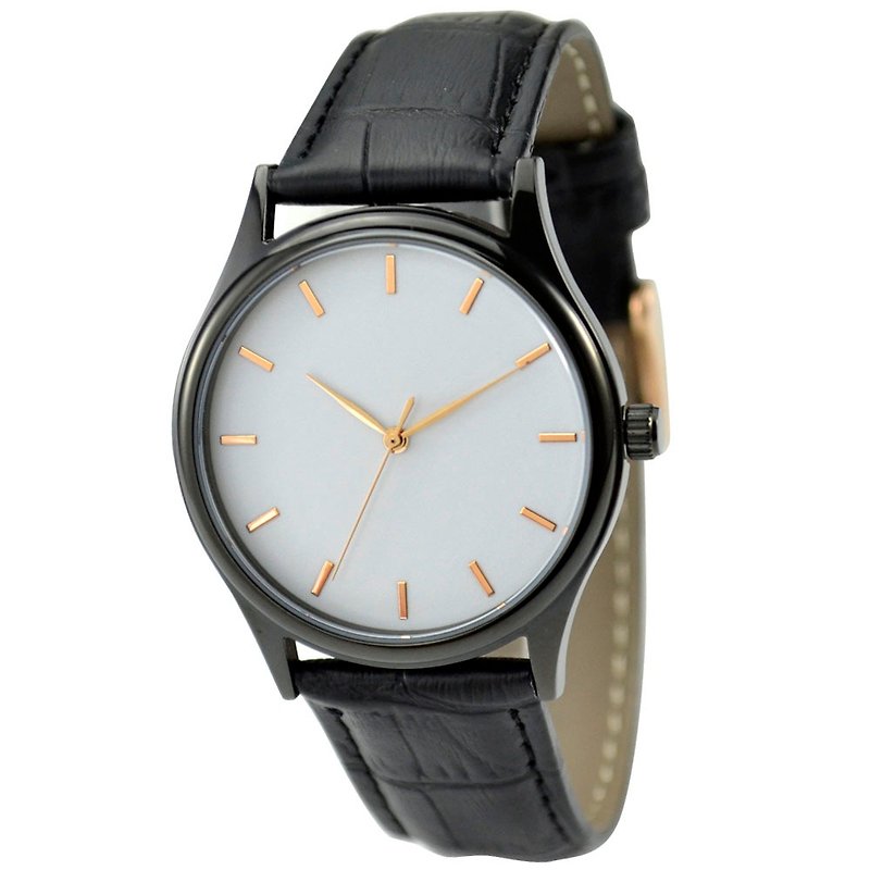 Black Simple Watch- Rose Gold Nail-White Face-Free Shipping Worldwide - นาฬิกาผู้หญิง - โลหะ สีดำ