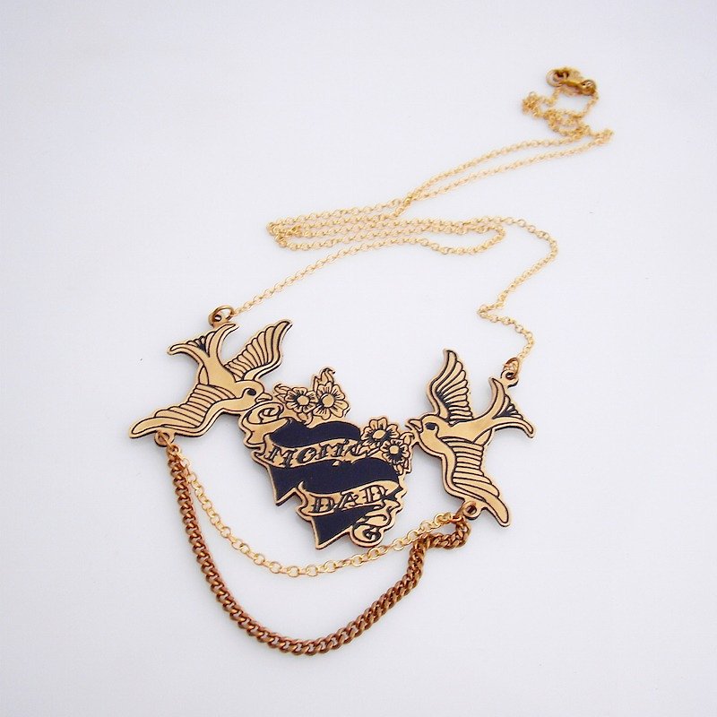 Swallow heart mom and dad pendant in brass with and enamel color - 項鍊 - 其他金屬 