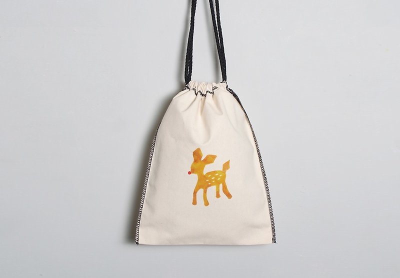 Hand-painted hand-printed fabric drawstring pocket [Bambi] single-sided pattern - กระเป๋าเครื่องสำอาง - ผ้าฝ้าย/ผ้าลินิน สีทอง