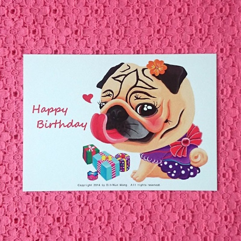 ポストカード-Happy Birthday Pug-01 - カード・はがき - 紙 ホワイト
