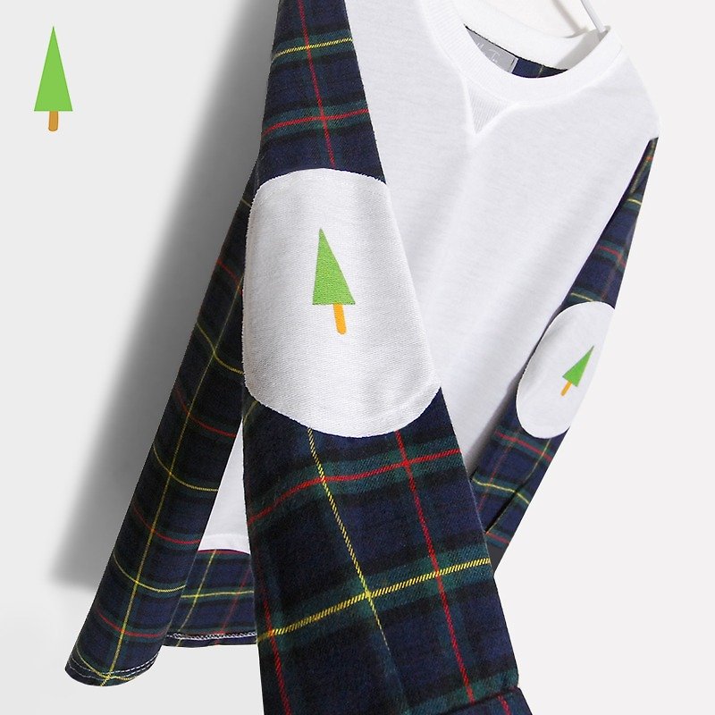 【早鳥聖誕節】小瘦樹／森林格紋補丁拼接踢 - T 恤 - 棉．麻 多色