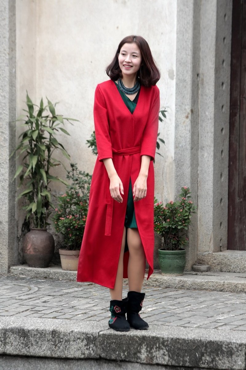 Product. Xiangyun yarn 2015 autumn and winter new simple slim-fitting wool coat female mid-length high-end cashmere coat Mulan wine red - เสื้อแจ็คเก็ต - ขนแกะ 