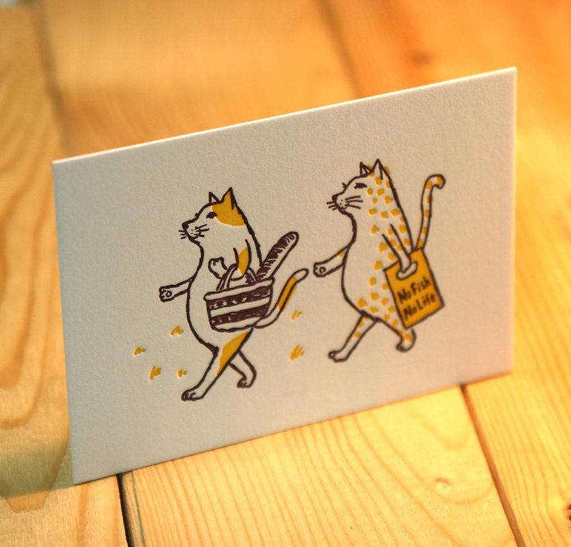 活版グリーティングカード　猫が買い物（イエロー）2枚セット - カード・はがき - 紙 