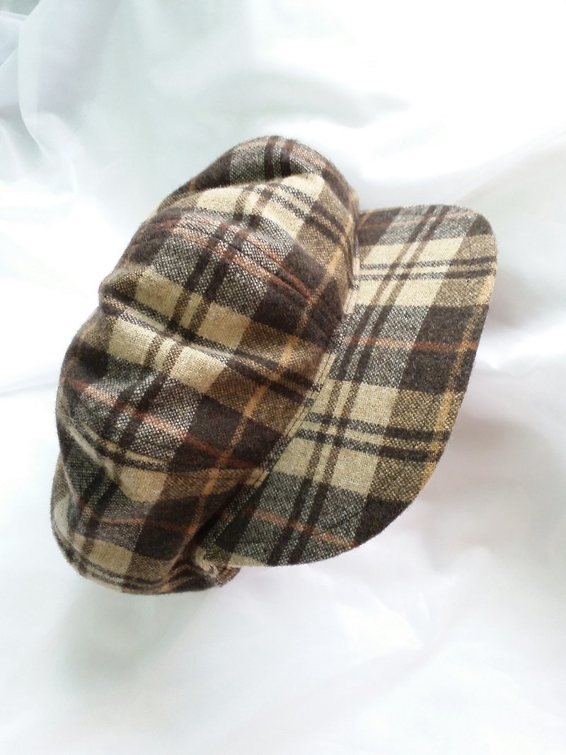 Brown Checked Pure Wool Newsboy Hat - หมวก - ขนแกะ สีนำ้ตาล