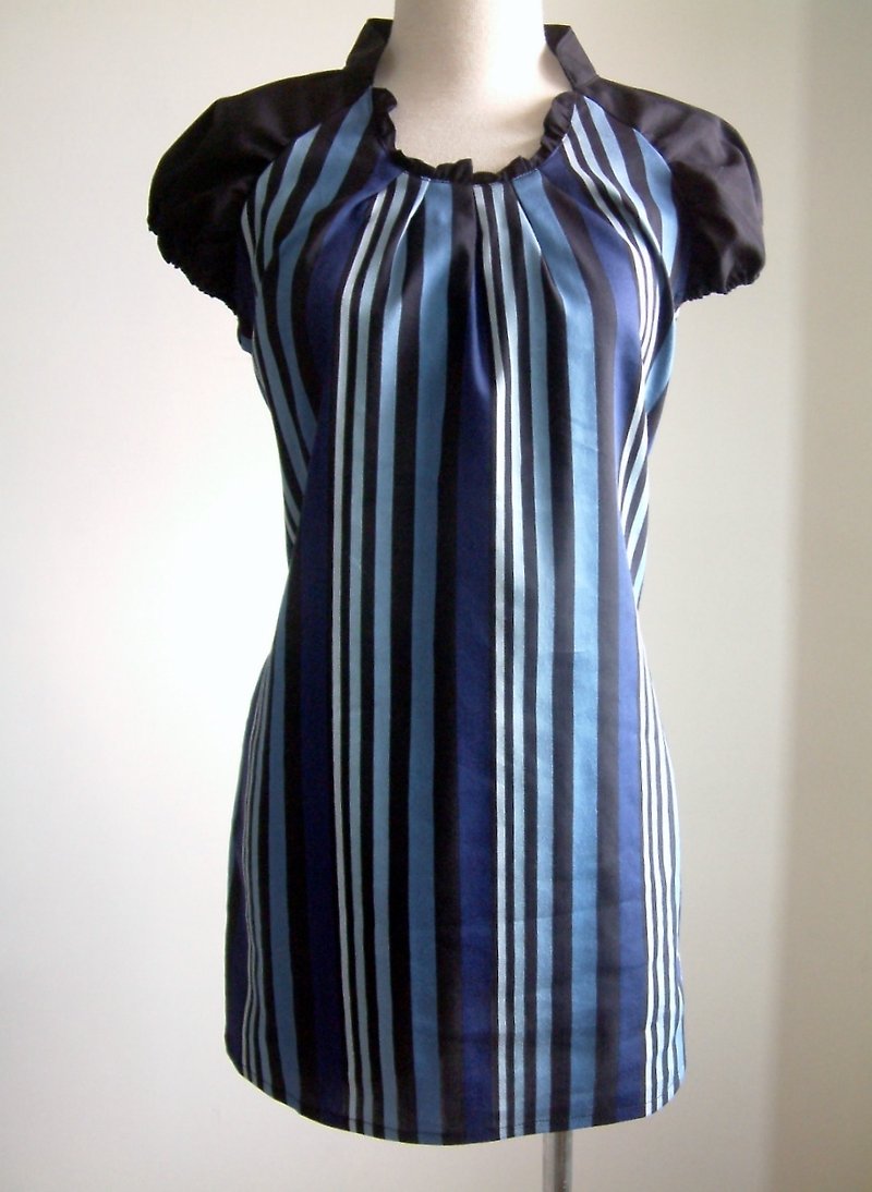 Stand-up collar colorful striped long shirt-blue - One Piece Dresses - Other Materials Blue