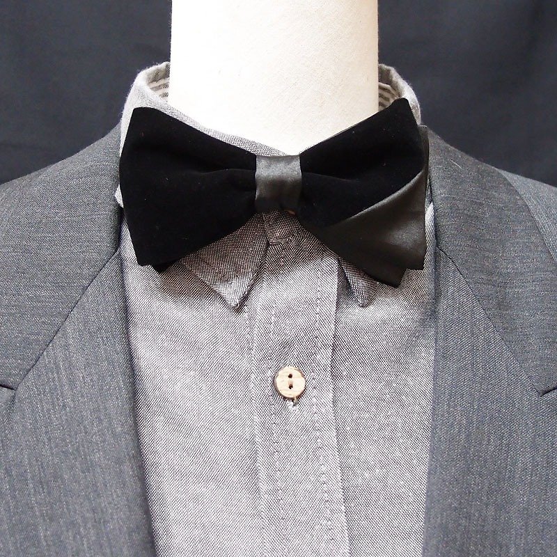 高雅絨與絲亮黑色質感剪裁領結 bowtie - 雙面可用*情人節 - 煲呔 - 其他材質 黑色